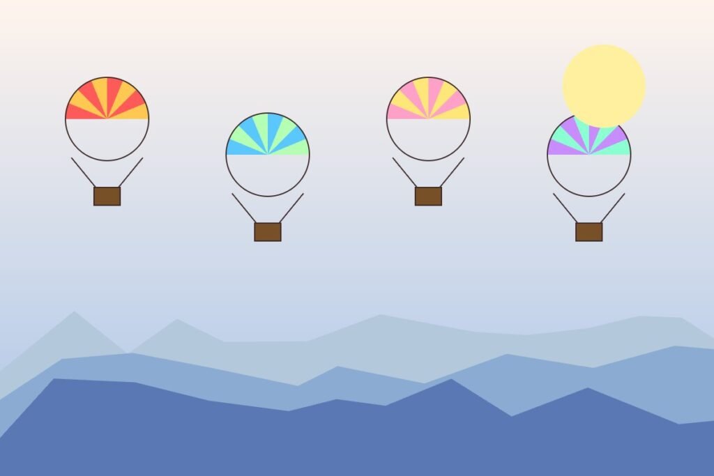 Four hot air balloons drifting over pastel mountain layers, decorative artwork