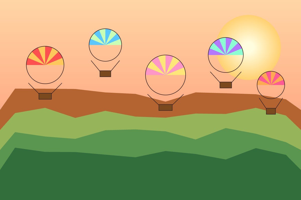 Colourful hot air balloons over rolling hills, decorative artwork