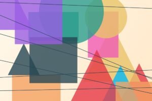 Overlapping circles, triangles and rectangles in bright Bauhaus colours - decorative artwork