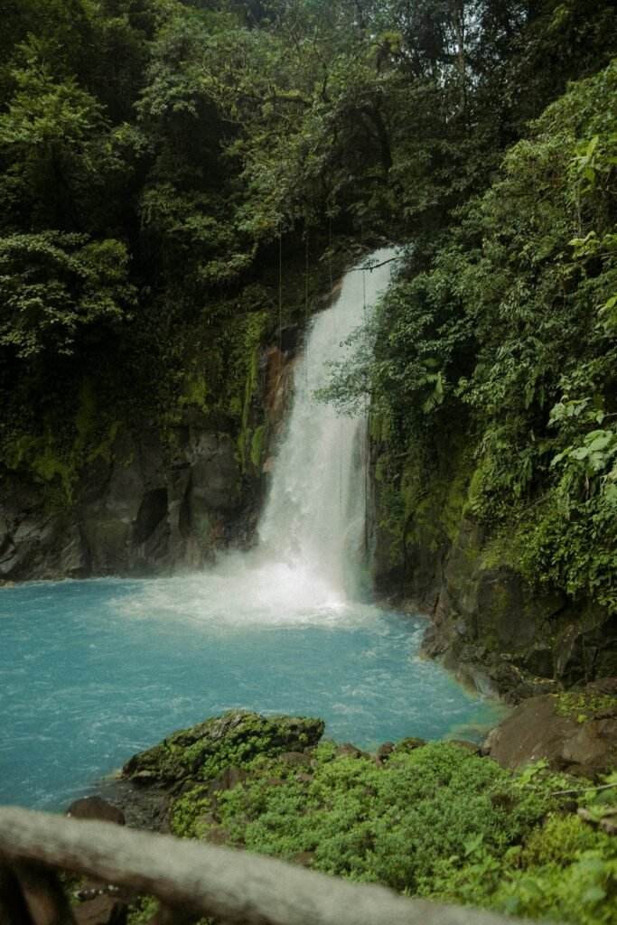 Vivid waterfall pouring through lush green rainforest