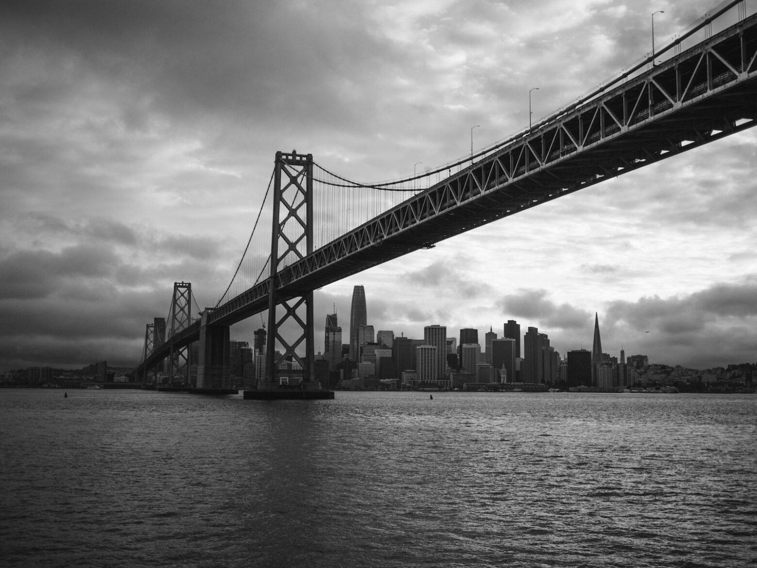 Black and white photo of the Bay Bridge in San Francisco