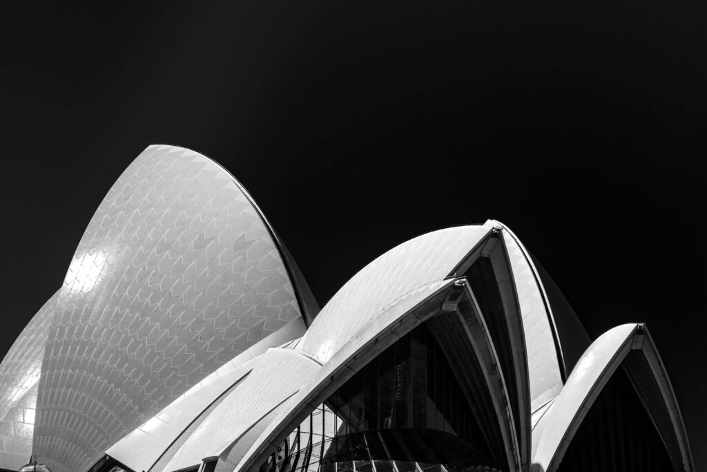Black and white photo of the Sydney Opera House