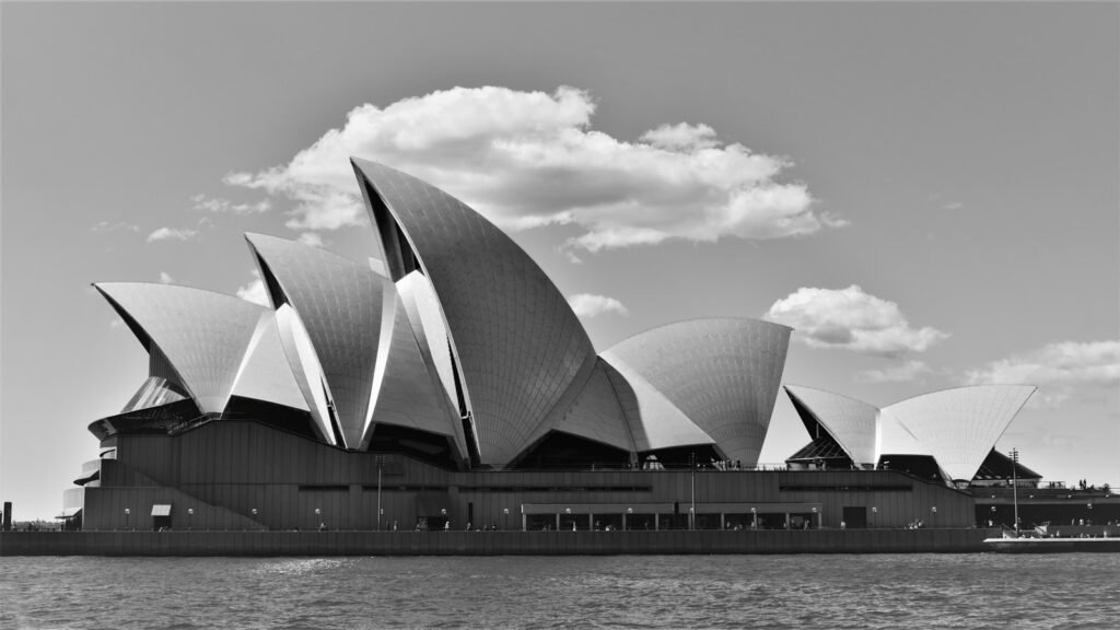 Black and white photograph of the Sydney Opera House