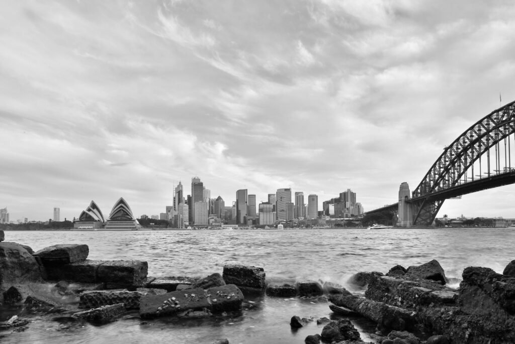 Black and white Sydney city skyline, illustrating questions to ask a marketing recruitment agency in Sydney