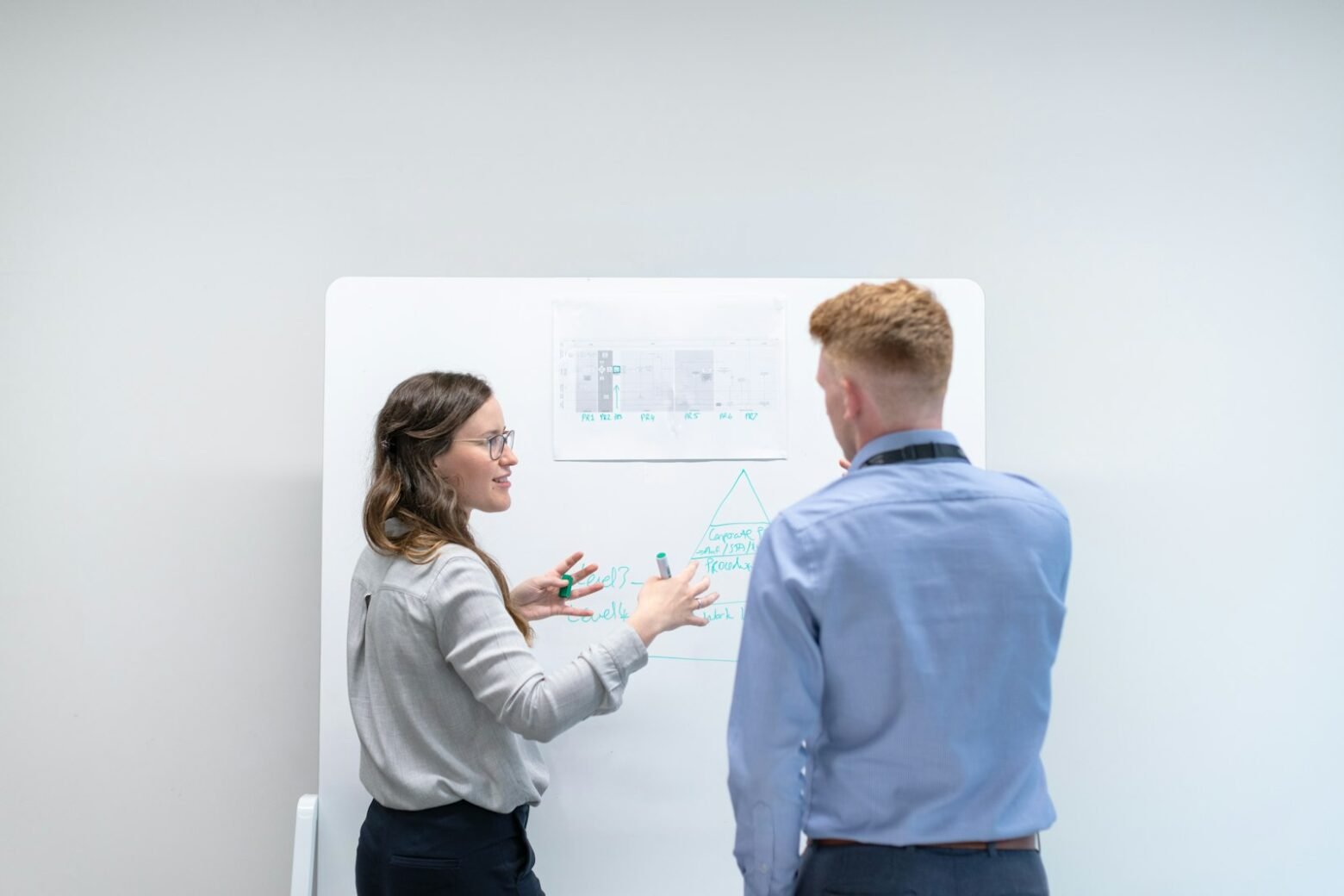 Two engineers discussing architecture at a whiteboard