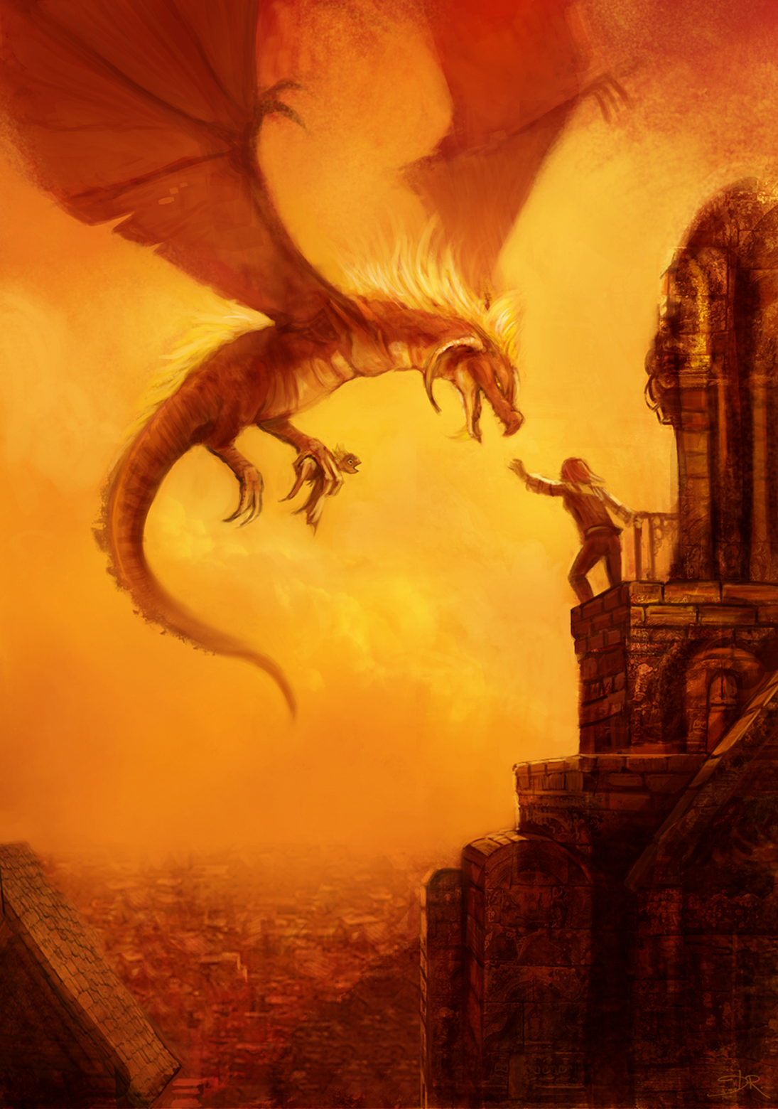 Fire Dragon Epic Battle - Fantasy art showing a massive dragon attacking a tower
