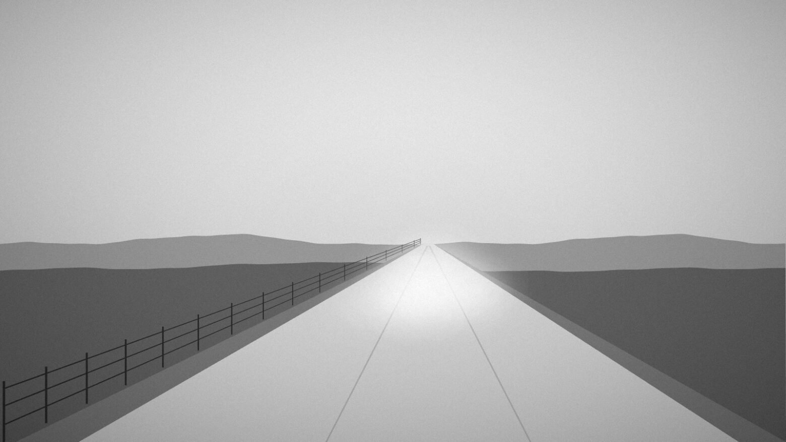 Monochrome dirt road receding to the horizon with dust and a fence line