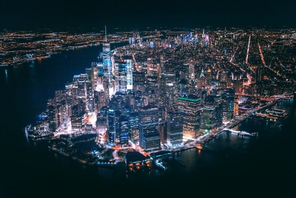 Manhattan skyline at night from above, New York City