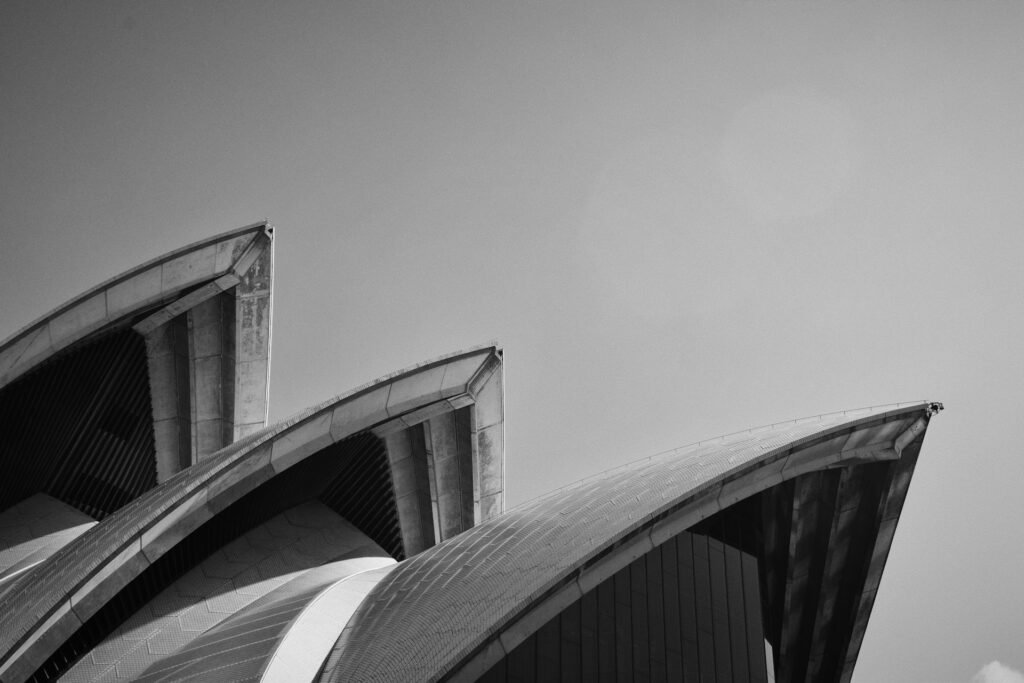 Black and white view of Sydney Harbour and city skyline