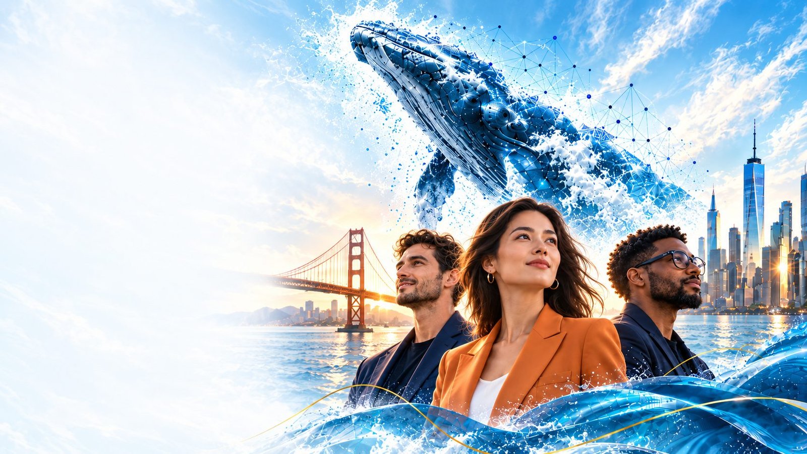 Three technology professionals looking ahead with the Golden Gate Bridge and the New York City skyline behind them, beneath Big Wave Digital's digital whale